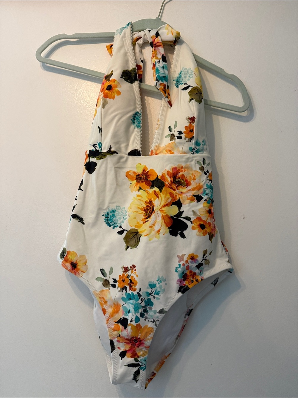 Girls' White Floral One-Piece Halter Swimsuit